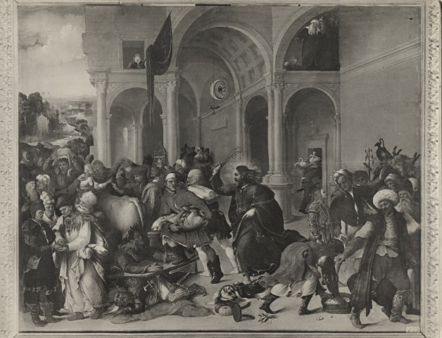 Alinari, Fratelli — Anonimo ferrarese - sec. XVI - Cristo caccia i mercanti dal Tempio — insieme